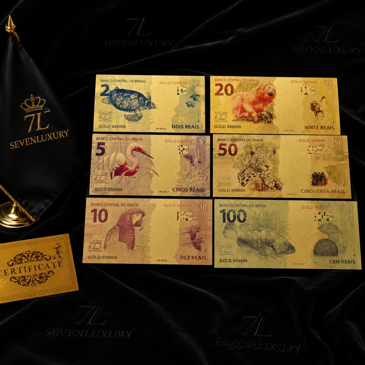🎫مجموعه شش‌تایی اسکناس‌های رینگیت مالزی روکش طلا ۲۴ عیار | Malaysia Ringgit 6‑Piece Gold Set – Seven Luxury ست شش‌تایی رینگیت مالزی با روکش طلا ۲۴ عیار   ۱ تا ۱۰۰ رینگیت، همراه با سرتیفیکیت اصلی  🇲🇾 Sseven luxury