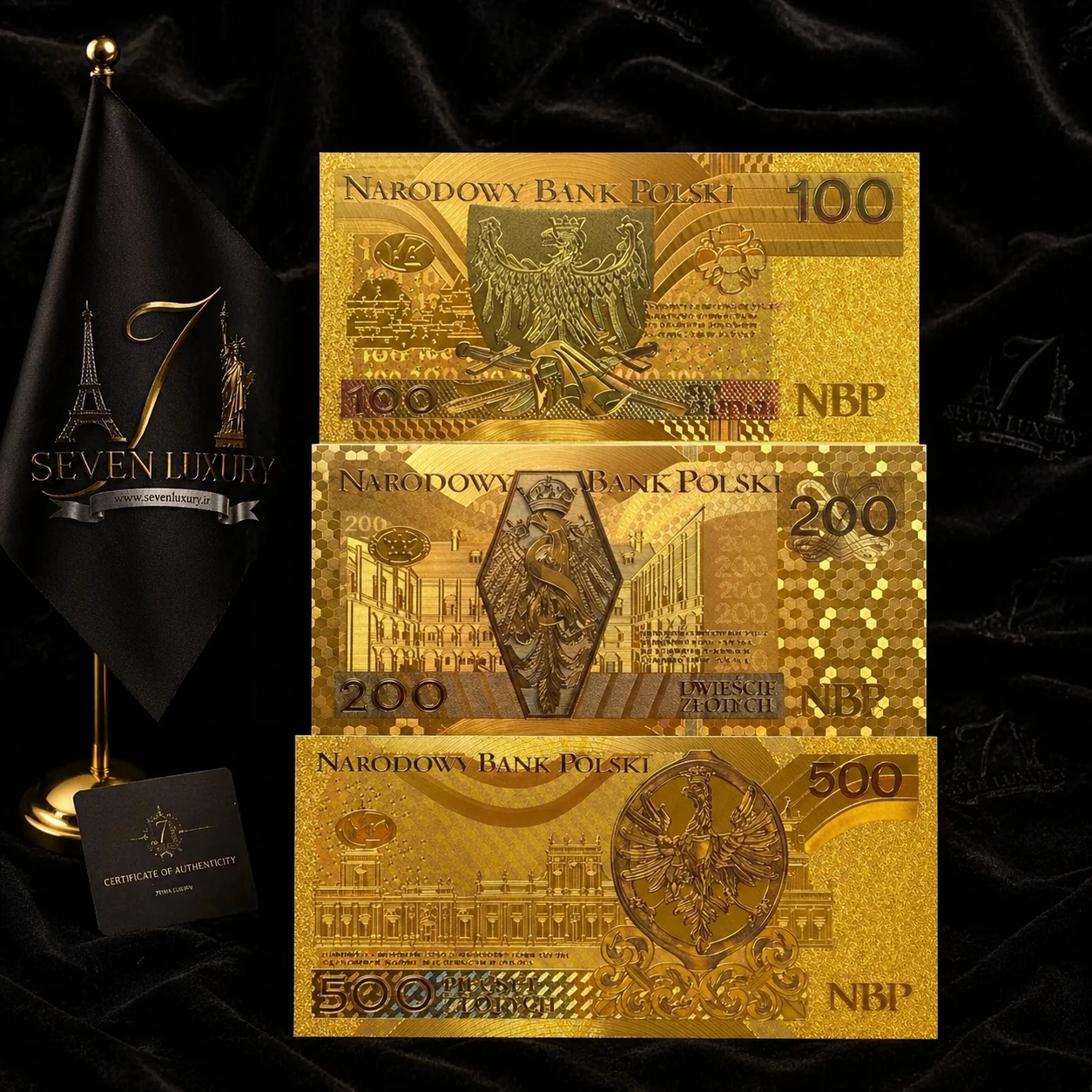مجموعه سه‌عددی اسکناس‌های طلایی لهستان – روکش طلا 24 عیار | Poland Gold Banknote Set ست کلکسیونی شامل 100، 200 و 500 زووتی لهستان با روکش طلایی، جزئیات برجسته، پاکت لوکس و کارت سرتیفیکیت 24 عیار.
